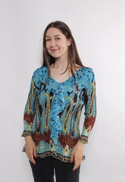 90s abstract print ruffled blouse in blue, vintage paisley 