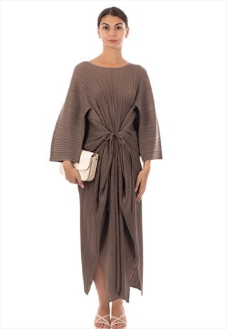 Full Length Pleated maxi dress with cap sleeves in moka