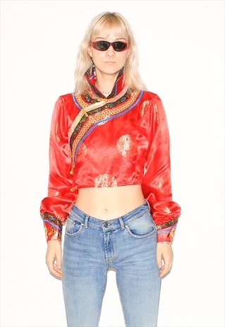 VINTAGE Y2K STRETCHY SHINY LONG SLEEVE TOP IN RED