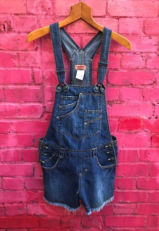 VINTAGE 90'S STYLE BLUE DENIM DUNGAREE SHORTS