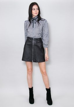 80's Vintage Ladies Black White Check Pussy Bow Blouse