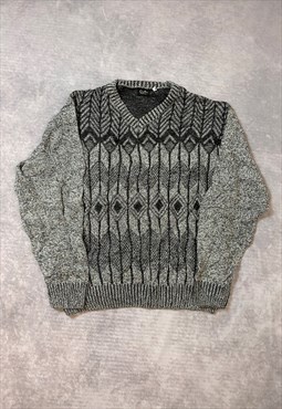 Vintage Abstract Knitted Jumper Patterned Grandad Sweater