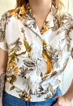 Vintage Orange & White Retro Floral Printed 80's Crop Top