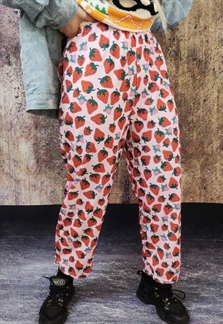 STRAWBERRY PATTERN JOGGERS FRUIT PANTS RETRO OVERALLS PINK