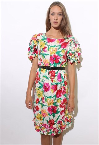 VINTAGE 1980'S 80'S WHITE SILK FLORAL PRINT MIDI DRESS L-XL