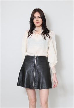 70's Ladies Vintage Skirt Soft Black Leather Zip Up Mini 