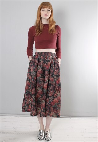 VINTAGE 80S FLORAL PATTERNED A LINE MIDI SKIRT