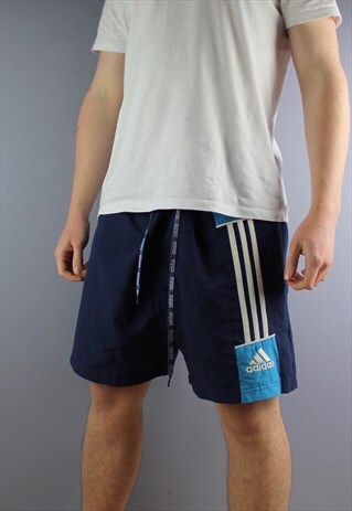 VINTAGE ADIDAS SHORTS IN NAVY WITH POCKETS, EMBROIDERED LOGO