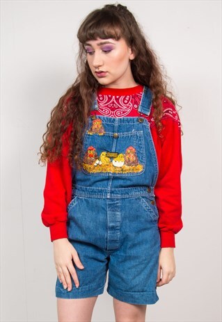 VINTAGE 90'S CHICKEN PAINTED DUNGAREES SHORTS