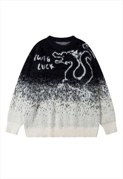 Dragon print sweater fluffy jumper tie-dye pullover in grey