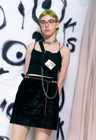 VINTAGE VELVET SKIRT 90S CRUSHED BLACK HIGH WAIST RAVE MINI