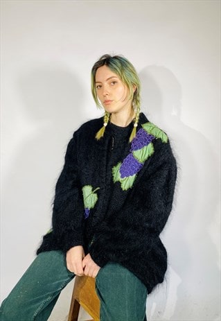 VINTAGE SIZE L FLUFFY 80'S GRAPE CARDIGAN IN BLACK