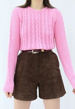 90s Vintage Pink Cable Knit Jumper (Size S)