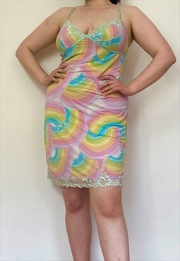 Vintage rainbow slip dress with lace detail