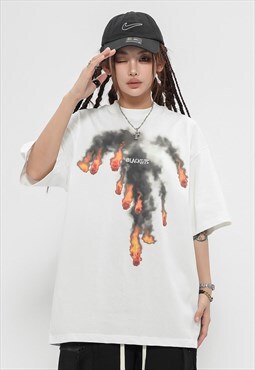Flame print t-shirt burning fire tee grunge rocker top white