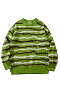 Fluffy stripe sweater furry knitwear zigzag jumper in green