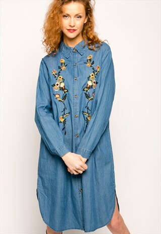 FLORAL EMBROIDERED COTTON DENIM LONG SLEEVES SHIRT DRESS