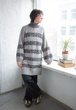 Vintage Grey Hand Knitted Long Fit High Collar Jumper