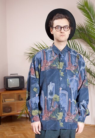 ABSTRACT PRINT VINTAGE 90S MEN'S COLLAR, LONG SLEEVE SHIRT