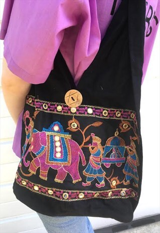 WOMENS BOHO FESTIVAL ETHNIC ELEPHANT BLACK HANDBAG BAG