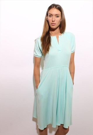 VINTAGE 1980'S 80'S LIGHT BLUE DRESS FULL SKIRT POCKETS S-M