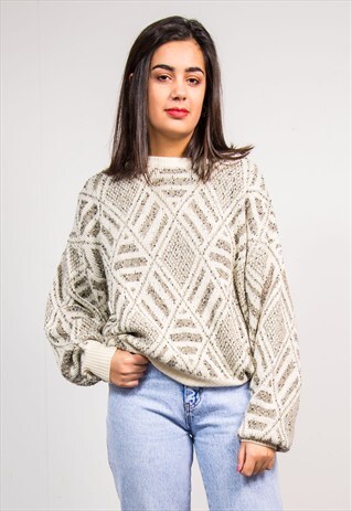 90'S VINTAGE BEIGE GRANDAD KNIT GRUNGE JUMPER