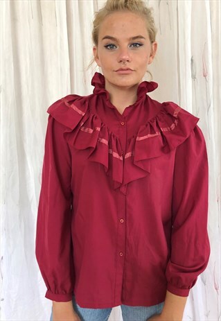 BURUNDY RED LONG SLEEVE RUFFLE SHIRT