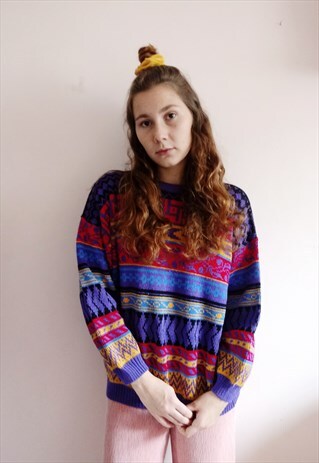 80S VINTAGE 90S GRUNGE AUTUMN UNISEX GEOMETRIC PRINT JUMPER