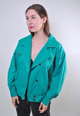 COTTON BOMBER JACKET, 80S WOMEN MILITARY JACKET GREEN
