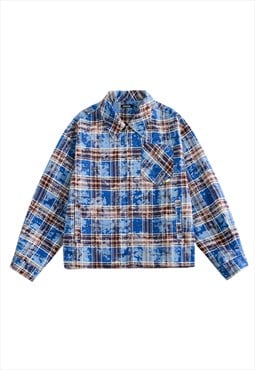 Tie-dye plaid jacket woolen grunge lumberjack bomber blue