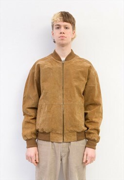 Vintage M Men's Real leather Jacket Coat Bomber Beige Zip Up