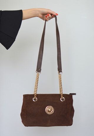 VINTAGE 90S BROWN SUEDE & GOLD CHAIN BOHO SHOULDER BAG