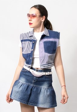 Vintage 90's denim vest striped cropped sleeveless jacket