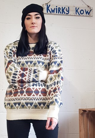 VINTAGE FUNKY PATTERN CHUNKY KNITTED WOOLLY JUMPER SIZE L