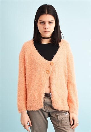 Y2K ASSYMETRIC CUT FLUFFY KNIT CARDIGAN
