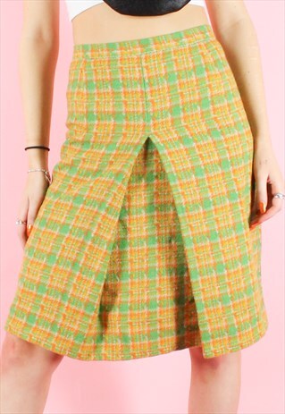 VINTAGE 90S SKIRT TARTAN LIME GREEN CHECK PLEATED MIDI