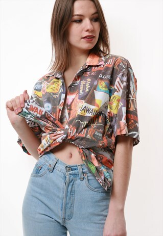 90S VINTAGE ABSTRACT PATTERN OLDSCHOOL COTTON SHIRT 16662