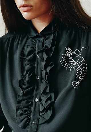 HAND EMBROIDERED BLACK SHIRT WITH RUFFLES