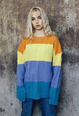 Color block sweater cable knitwear retro jumper in yellow