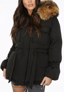 Natural Fur Hood Parka Coat In Black 