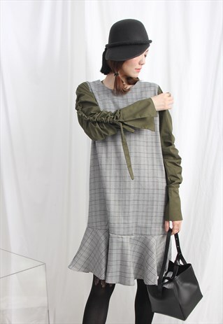 (KOREAN) SHIRT SLEEVES FRILL HEM TARTAN DRESS