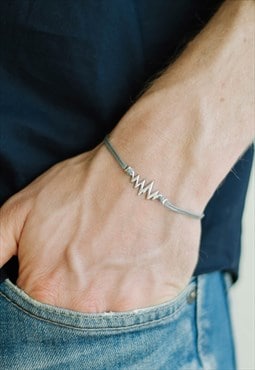 Silver heartbeat charm bracelet for men grey cord gift