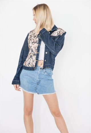 CUSTOMIZED VINTAGE DENIM JACKET WITH LACE AND SEQUIN DETAILS