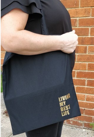 LIVING MY BEST LIFE BLACK AND GOLD TOTE BAG