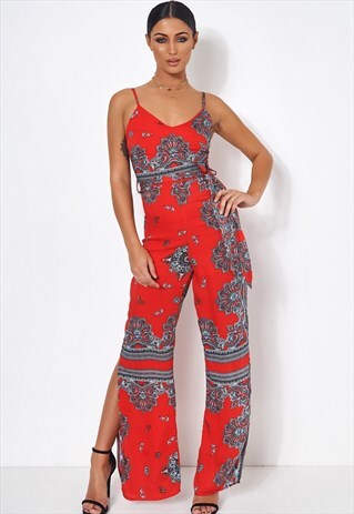 RED SCARF PRINT JUMPSUIT