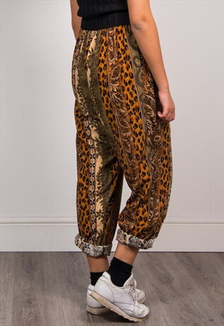RETRO ANIMAL LEAF PRINT WIDE LEG TROUSERS