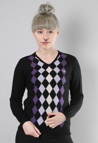 VINTAGE 90S FRED PERRY DIAMOND PATTERNED V NECK JUMOER