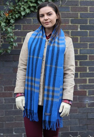 VINTAGE LAMBSWOOL CHECKED SCARF BLUE-AS150
