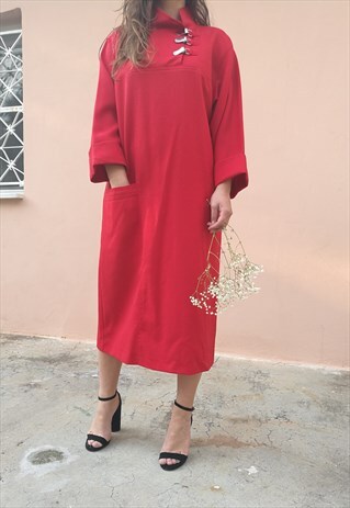 90S WOOL LONG OVERSIZED SLIP SMOCK DRESS WITH LONG SLEEVES