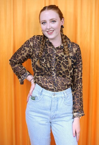 VINTAGE 90S BLOUSE BROWN LEOPARD ANIMAL PRINT SHEER COLLARED